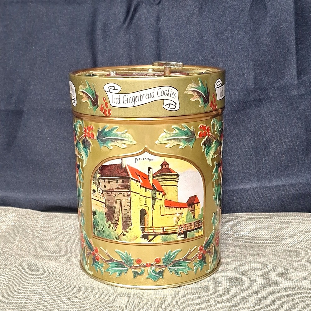 German Holiday Musical Cookie Tin 1999 Lambertz Aachen Gold Vintage Decor 5.5 in
